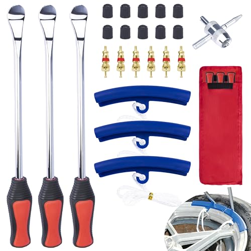 ecocstm 12.2 Inch Tire Spoons, Dirt Bike Tire Changing Tools, Tire Changing Kit, Tire Removal Tool, with Rim Protector, Valve Tool, Valve Cores and Caps, for Motorcycle/Lawn Mower/Tractor/Bicycle | Tire Removal Tool, with Rim Protector, Valve Tool, Valve