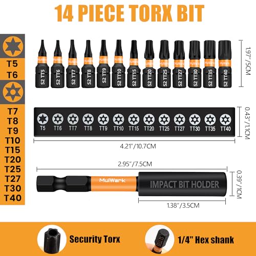 MulWark 14-Piece Security Torx Bit Set – T5-T40 Star Bits Set, 1'' S2 Steel Tamper-Resistant Bits with Magnetic Bit Holder, 1/4" Hex Shank – Christmas Gift, Holiday Tool Set, Xmas Stocking Stuffer - style: 1” Torx Bits 14 PCs