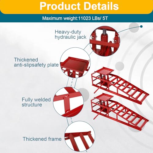 2 Pcs Hydraulic Car Ramps, 5 Ton Heavy Duty Steel Car Lift Ramps with Hydraulic Jack for Oil Changes & Truck Repair, 9" - 15" High Lift, Low Profile Vehicle Lift Service Ramps Truck Trailer（Red） - color: Red(short Style)