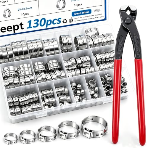 130Pcs 12-Sizes 304 Stainless Steel Single Ear Hose Clamps with Ear clamp plier 6-36.1mm Crimp Hose Clamps Assortment Kit for Auto/Home Appliance/Pipe/Fuel Line Stepless hose clamp with pincer - color: Silver, size: 6-36.1mm 130pcs