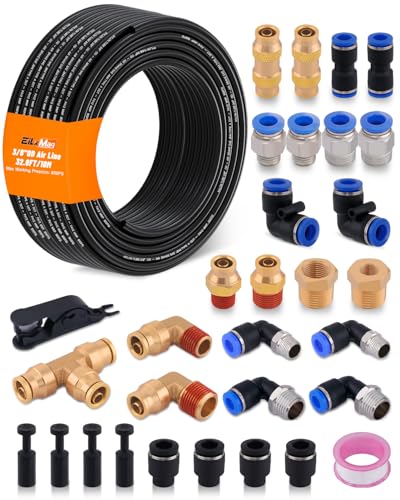 3/8" DOT Air Line Kit, 32.8FT(10M) SAE J844 PA Nylon Air Hose Tubing with Cutter and Teflon Tape, 3/8 Air Hose with Push to Connect Fittings for Air Bags Suspension or Air Brake System(32PCS) - size: 32 PCS