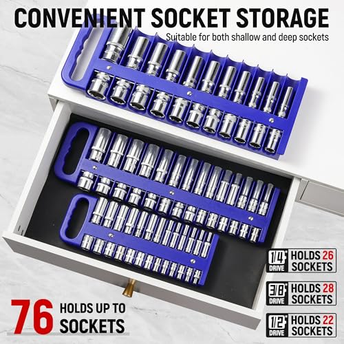 Reniteco Magnetic Socket Organizer Set, 3 Pcs Blue Portable Heavy Duty Socket Rail Set: 1/4-Inch x 22 Pallets, 3/8-Inch x 28 Pallets, 1/2-Inch x 26 Pallets, Hold 76 Sockets - Fit Shallow&Deep Sockets - color: Blue
