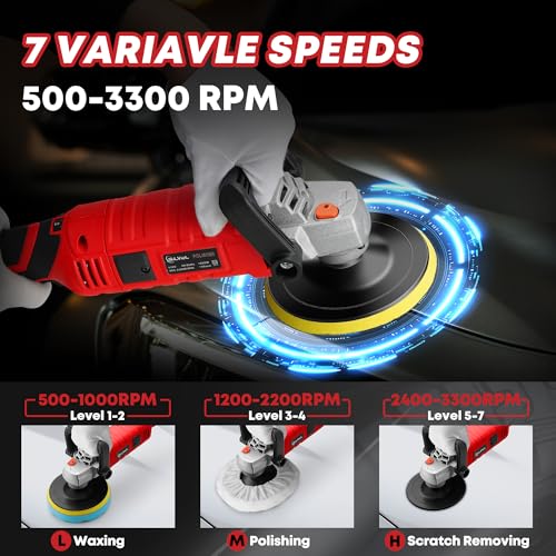 SILVEL Buffer Polisher, 1600W 7 Inch/6 Inch Polisher for Car Detailing, Wax Machine, 7 Variable Speed, with 6 Foam Pads, 3 Wool Pads, Packaging Bag, for Boat Polishing and Waxing