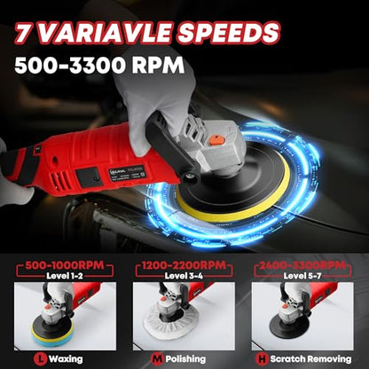 SILVEL Buffer Polisher, 1600W 7 Inch/6 Inch Polisher for Car Detailing, Wax Machine, 7 Variable Speed, with 6 Foam Pads, 3 Wool Pads, Packaging Bag, for Boat Polishing and Waxing