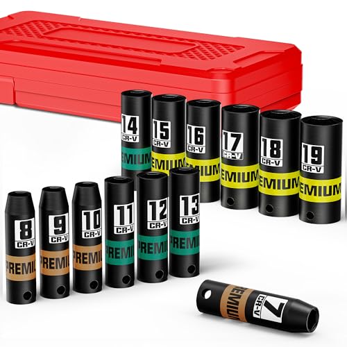 13-Piece 3/8" Drive Deep Impact Socket Set, 7-19mm, CR-V, 6 Point, Heavy-Duty Sockets for Impact Wrenches, Automotive and Home - size: 3/8" 13pcs Metric Deep