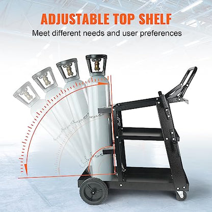 VEVOR Welding Cart, 3-Tier Welder Cart Heavy Duty with 400 Lbs Weight Capacity, 360° Swivel Wheels, Tank Storage Safety Chains, Rolling MIG Welder Cart for TIG, ARC, MMA, Plasma Cutter Welding Machine