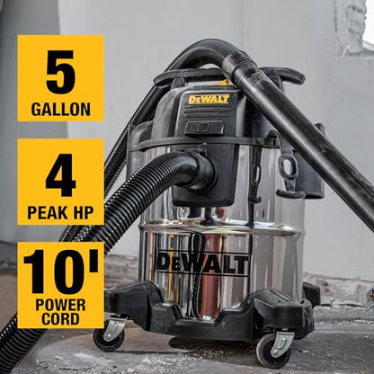 DEWALT DXV05S 5 Gallon 4 Peak HP Shop Vacuum Wet and Dry with Blower | Heavy-Duty Shop Vac, 10ft Cord, 7ft x 1-7/8" Hose, 9 Accessories, for Jobsite, Workbench and Garage