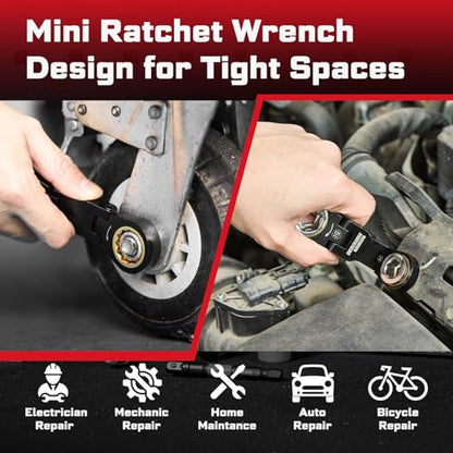 GEINXURN 68PCS Stubby Wrenches Bit Set, 72-Tooth Flex-Head Double Box End Mini Ratcheting Wrench Set Metric (10-19mm) with Screwdriver Bits, 1/4" Universal Socket for Computer, Auto & Bicycle Repair