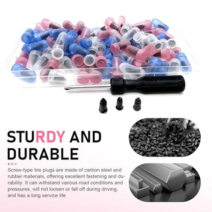 90PCS Car Tire Repair Kit, 3 Size Portable Tire Repair Plugs with Screwdriver, Self-service Threaded Puncture Emergency Repair Sets, Universal for Most Vehicles (Black)
