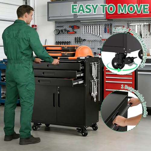 Garage Tool Cabinet Set,Heavy Duty Steel Rolling Tool Chest with Lockable Doors & Adjustable Shelves