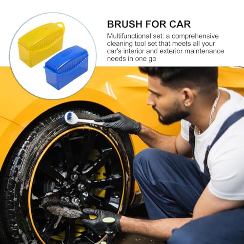 Happyyami 2pcs Car Cleaning Brush Set with Tire Dressing Applicator Pads, Blue and Yellow Sponge Brushes with Cover for Vehicle Wheel Polishing, Interior Detail, and Tire Shine Maintenance