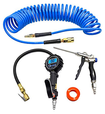 YOTOO Air Compressor Accessories Kit, Heavy Duty 1/4" x25' Air Hose Kit with 150 PSI High Accuracy Digital Tire Inflator Gauge, Adjustable Air Blow Gun Kit