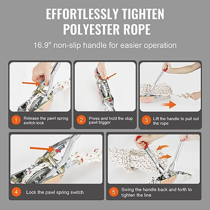 VEVOR Rope Puller, 3/4 Ton (1,653 lbs) Pulling Capacity, with 100' of 0.6" dia. Rope, 2 Hook, Come Along Winch, Heavy Duty Ratchet Power Puller Tool for Moving Boats, Securing Items, Transporting Logs - size: 3/4 Ton