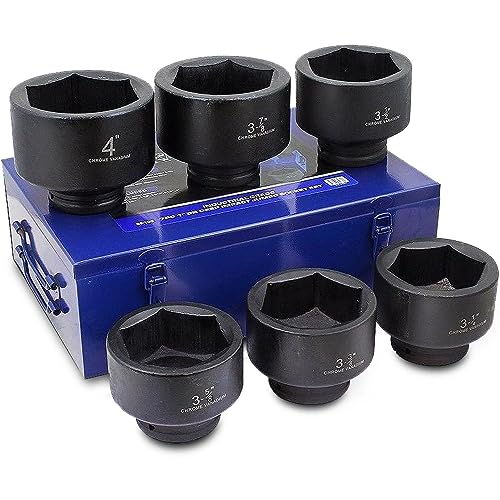 Stark USA 6-Piece 1-Inch Drive Jumbo Shallow Impact Socket Set, SAE 6-Point Cr-Mo Steel Spindle Axle Nut Sockets, 3-1/4" to 4", Heavy Duty Set for Trucks, Trailers & Equipment Repair - style: 6pcs SAE Shallow Socket Set (3-1/4 inch to 4 inch)