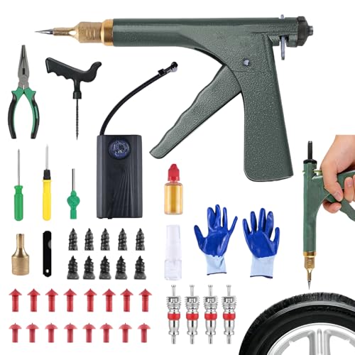 tire Plug kit Motorcycle tire Repair kit tubeless tire Repair kit Suitable for Punctured and Flat Tires of Motorcycles, Cars, ATVs and Lawn mowers; Includes an inflator（Green ） - color: Green+44