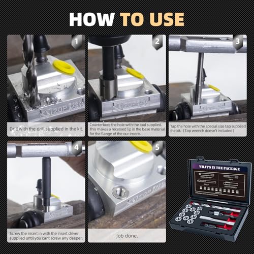 M12x1.25 Thread Repair Kit with Insert HSS Drill, Tap, Counterbore, Installation Driver, Metric, 10PCS Stainless Steel Insert M12X1.25X15MM