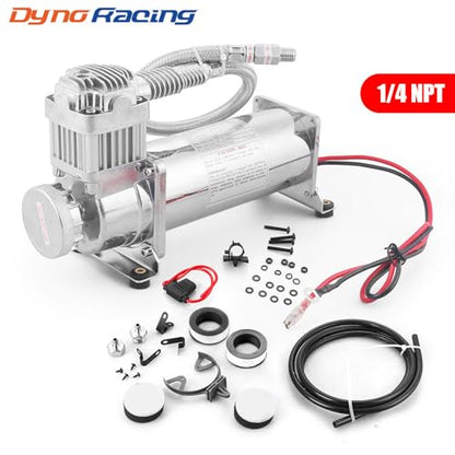 200PSI Air Ride Suspension Compressor with 1/4 NPT Hose Kit,Heavy Duty 12V 480C Air Compressor Pump for Train Horn & Air Bag Suspension, Chrome Silver Fit for Truck & Car