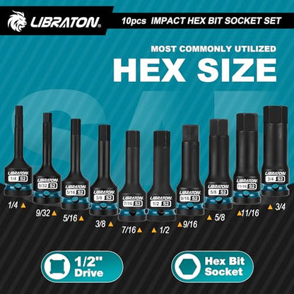 LIBRATON Impact Hex Bit Socket Set, 1/2" Dr, S2 Steel, High Torque Sockets | 10PCS (SAE 1/4"-3/4") for Professional Mechanics & Automotive Repair (XPE Storage Case) - style: SAE