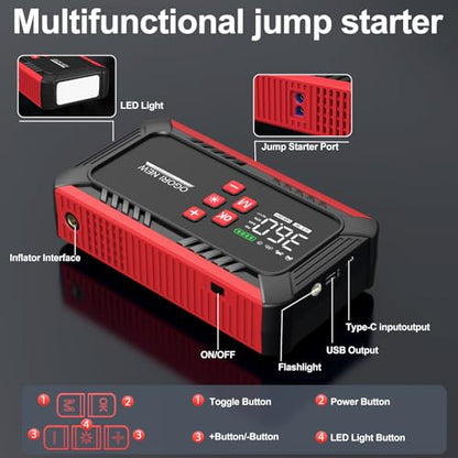 7000A Jump Starter with Air Compressor, 21800mAh Car Battery Jump Starter (All Gas/16.0L Diesel) with 150PSI Auto-Shutoff Tire Inflator, 12V Portable Jump Box with Booster, Jumper Cables - size: M