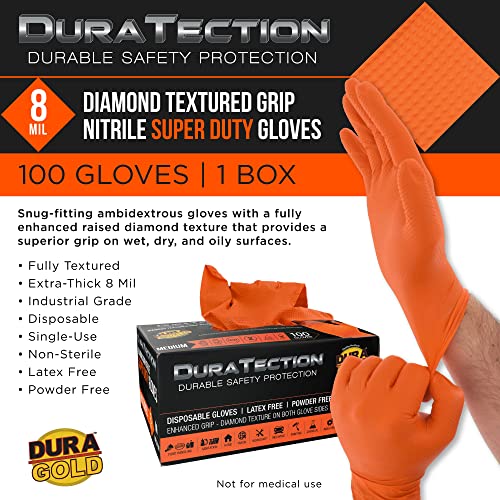 Dura-Gold Duratection 8 Mil Orange Super Duty Diamond Textured Nitrile Disposable Gloves - size: Large