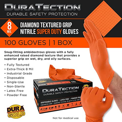 Dura-Gold Duratection 8 Mil Orange Super Duty Diamond Textured Nitrile Disposable Gloves - size: Large