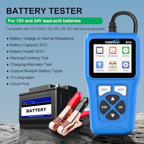 Veepeak 12V 24V Car Battery Tester, 100-2000 CCA Auto Load Analyzer | Cranking & Alternator Test, Fast Diagnostics for 12V 24V Lead-Acid Batteries, Suitable for Cars Trucks Boats Motorcycles