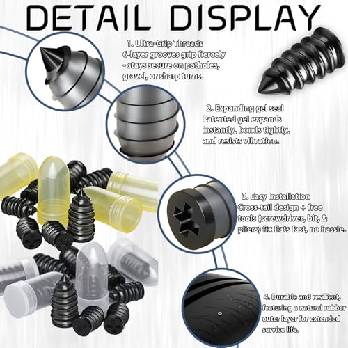 60Pcs Tire Repair Rubber Nails Kit with 4 Sizes, Vacuum Tire Repair Rubber Nail Screw in Tire Repair Plugs, Tire Screw Plug Repair Kit, Quick Self-Service Tire Repair Tools for Car, Motorcycle, Truck
