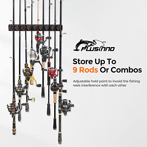 PLUSINNO V9 Vertical Fishing Rod Holders, Wall Mounted Fishing Pole Holders, Fishing Rod Rack Holds Up to 9 Rods or Combos, Fishing Rod Holders for Garage,Fishing Gear and fishing Gifts for Men - style: Orange 1-pack (store 9 combos)