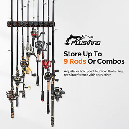 PLUSINNO V9 Vertical Fishing Rod Holders, Wall Mounted Fishing Pole Holders, Fishing Rod Rack Holds Up to 9 Rods or Combos, Fishing Rod Holders for Garage,Fishing Gear and fishing Gifts for Men - style: Orange 1-pack (store 9 combos)
