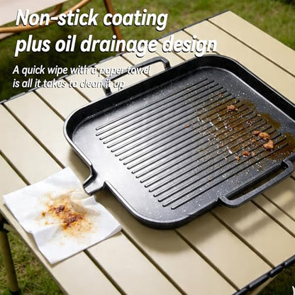 Nonstick Korean BBQ Grill Pan, Square | Marble nonstick square griddle for 3-5, fits gas,induction,stovetop, oil drain, gloves, easy clean BBQ, indoor