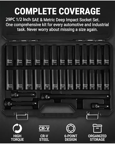 29-Piece 1/2" Drive Impact Socket Set, SAE (3/8 to 1 inch) and Metric (10-24mm) Sizes with Extension Bars Standard Deep Socket Set CR-V Material High Durability Impact Wrench - style: SS-D12-29PC