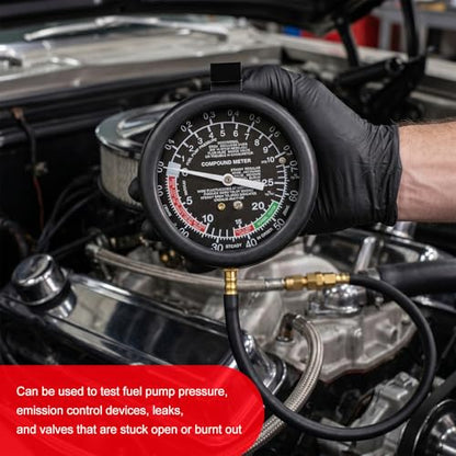 Vacuum and Fuel Pump Tester Gauge Kit, Auto Fuel Pressure Testing Tool Kit Vacuum Gauge, Leak Carburetor Pressure Diagnostic Tools for Cars Trucks Boats Motorcycles