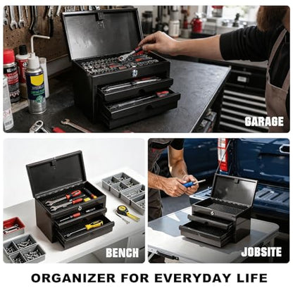 JACK BOSS Mini Tool Box with Two Drawers,Small Metal Tool Box with Lockable Top Storage,Multi-Purpose Portable Tool Boxes Case Organizer,Small Tool Chest with PVC Mats,L10.8"×W6.6"×H7",Black - color: Black