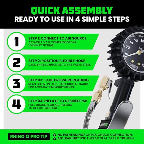 Rhino USA Tire Pressure Gauge with Inflator (0-100 PSI) - Braided Hose | Heavy Duty Air Chuck & Compressor Accessories. Stainless Braided Hose, Large Analog Dial, Solid Brass Hardware. - style: 100psi Analog
