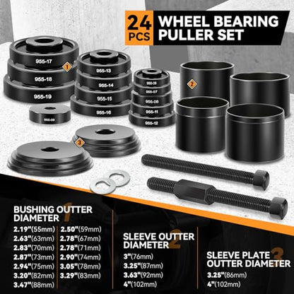Auto Dynasty Wheel Bearing Puller Tool Set, 24Pcs Wheel Bearing Press Kit with Sliding Screws Universal Bushings Sleeves for Front Wheel Drive Bearing Removal Installation