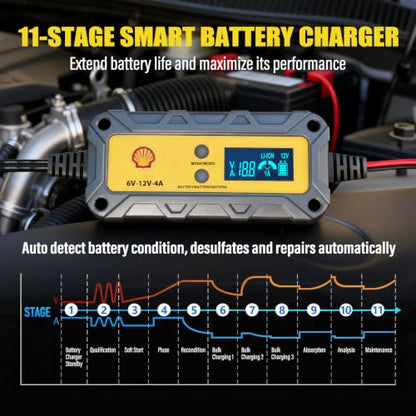 Shell Car Battery Charger 6V/12V- Smart Battery Charger 4A/1A with LCD Display, Automatic Lithium & Lead-Acid Tickle Charger Maintainer & Desulfator for Car Motorcycle Lawn Mower Boat Deep Cycle