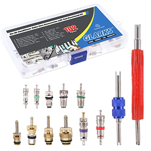 GLARKS 102Pcs Car Air Conditioner Valve Core Schrader Valve Cores Accessories A/C R12 R134a Refrigeration Tire Valve Stem with Double Head Dual Dismantling Remover Installer Tool Assortment Kit - size: 102Pcs