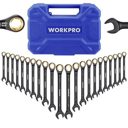 WORKPRO 22-Piece Ratcheting Wrench Set, Anti-slip Teeth, Ratchet Combination Wrench Sets with Organizer Box, Metric 6-18mm & SAE 1/4-3/4", Black Electrophoretic Coating - style: Regular