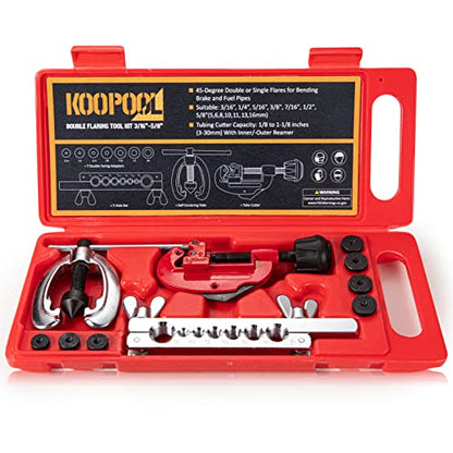 KOOPOOL Double & Single Flaring Tool Kit for Brake Line HVAC System with Tube Cutter Extra 7 Adapters,Brass Copper Pipe 45 Degrees Flaring Tool - size: 10PCS