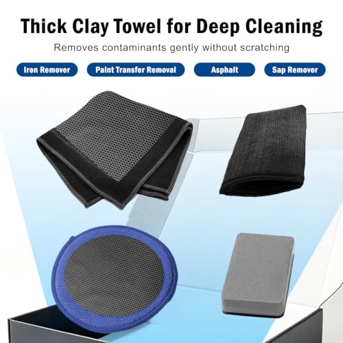 4-Piece Car Detailing Clay Bar Kit with Mitt & Towel | Removes Iron Fallout, Paint-Safe Microfiber, Dual-Sided Design, Includes Sponge Pad, Cleans Glass & Paint