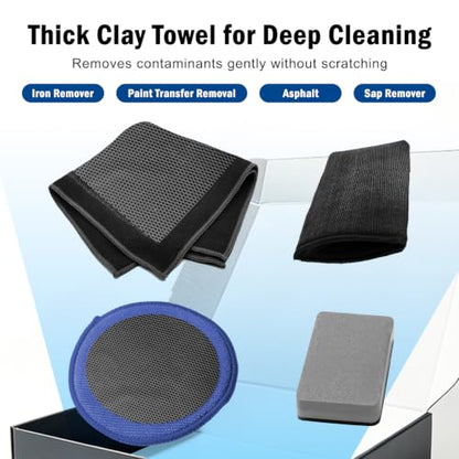 4-Piece Car Detailing Clay Bar Kit with Mitt & Towel | Removes Iron Fallout, Paint-Safe Microfiber, Dual-Sided Design, Includes Sponge Pad, Cleans Glass & Paint