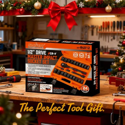 HORUSDY 1/2" Drive Shallow Impact Socket Set, 24-Piece SAE (7/16"-1") and Metric (13-24mm), 6 Point, Cr-V, Includes 1/2-Inch Drive Ratchet Handle, Drive Extension Bar - style: 24PC 1/2" Standard Kit