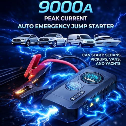 Portable Car Battery Jump Starter with Air Compressor | 9000A Jumper Pack, 200PSI Tire Inflator, 4-in-1 Car Emergency Tool, Power Bank, Gift for Car Owners