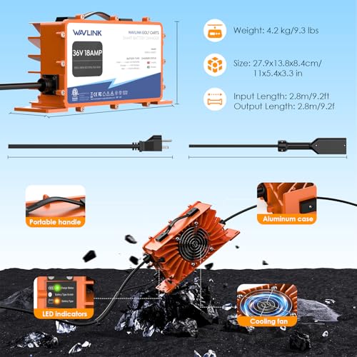 WAVLINK 36V 18A Golf Cart Battery Charger | IP67 Waterproof, compatible with LiFePO4/NMC/Lead-Acid, D Plug fits TXT & EZGO