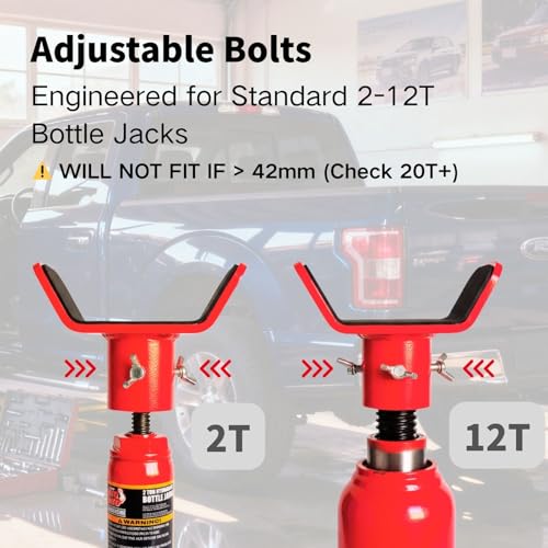 Adjustable Bottle Jack Adapter with Triple-Lock, Secure Wobble-Free Fit for 2T-12T Bottle Jacks, Heavy Duty 1/4" Steel Saddle for 3" & 4" Axle Tubes on RV, Truck, Trailer - color: Red