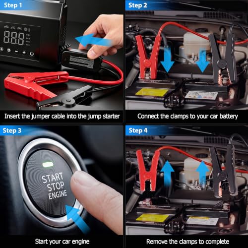 Car Battery Jump Starter with Air Compressor, 4000A 150PSI Tire Inflator, 15000mAh PowerBank with LED Light, 12V Portable Car Battery Jump Power - All Gas/8.0L Diesel