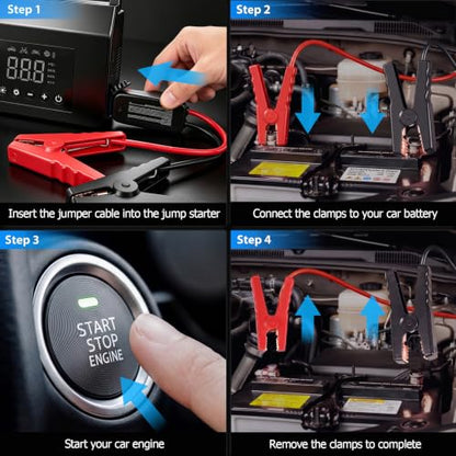 Car Battery Jump Starter with Air Compressor, 4000A 150PSI Tire Inflator, 15000mAh PowerBank with LED Light, 12V Portable Car Battery Jump Power - All Gas/8.0L Diesel