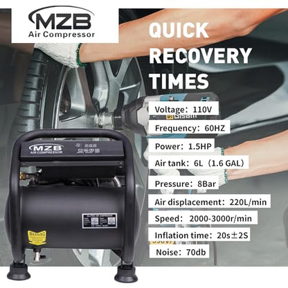 MZB 1.6 Gallon Ultra Quiet Air Compressor 110V/60Hz Steel Tanks Oil-Free 70dB Noise Level Air Compressor for Spray Painting, Auto Repair, Carpentry Decoration - size: PM-1100H-6