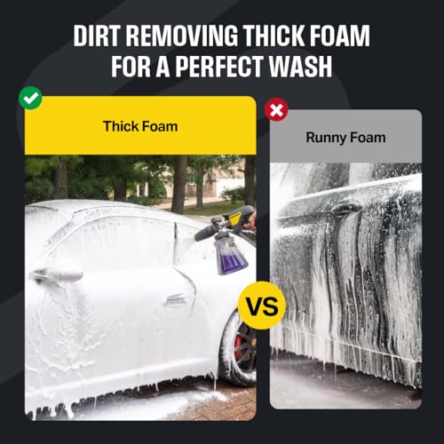 Active Foam Cannon with ¼ inch quick connector for Electric and Gas Pressure Washers. Wide-mouth bottle and variable spray to generate thick snow foam spraying for home DIY car wash & detailing (JH70)