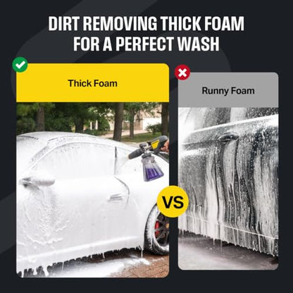 Active Foam Cannon with ¼ inch quick connector for Electric and Gas Pressure Washers. Wide-mouth bottle and variable spray to generate thick snow foam spraying for home DIY car wash & detailing (JH70)